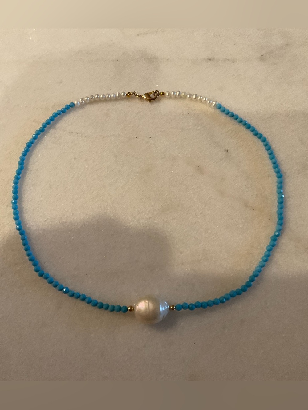 Genuine turquoise faceted round gemstone and baroque pearl choker